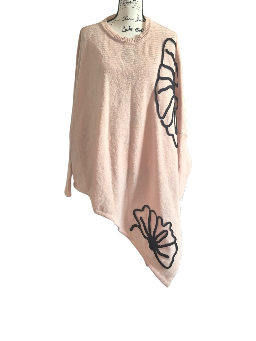 DR2 Tan Black Floral Poncho Sweater OS Asymmetrical Artsy Eclectic Whimsigoth